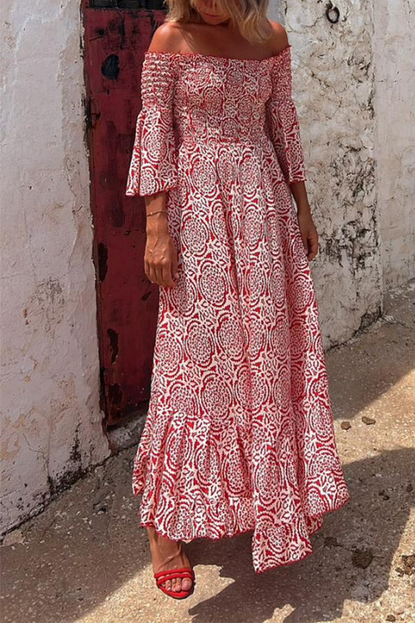 Olvera Red Flower Cropped Bell Sleeve Long Dress