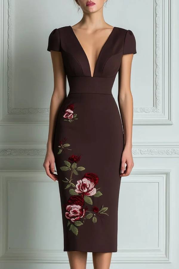 Brown Printed V-Neck Slim Elegant Midi Dress