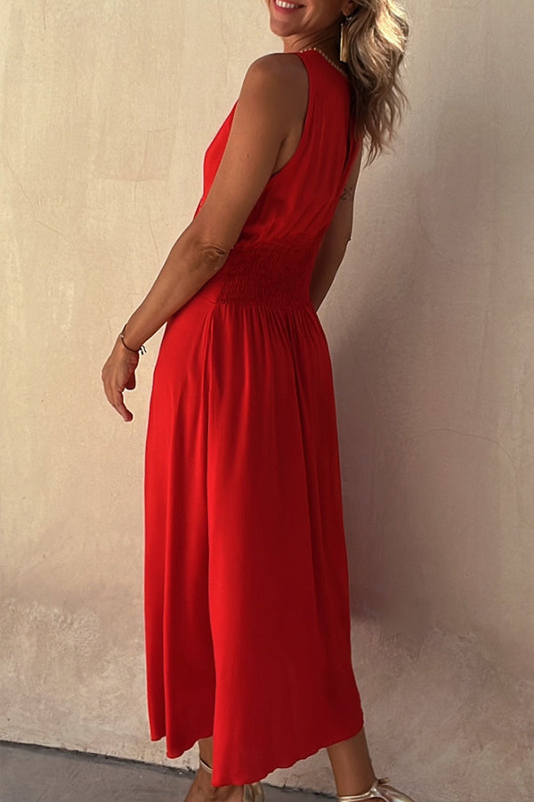 Gabin Red Sleeveless Deep V Sexy Midi Dress