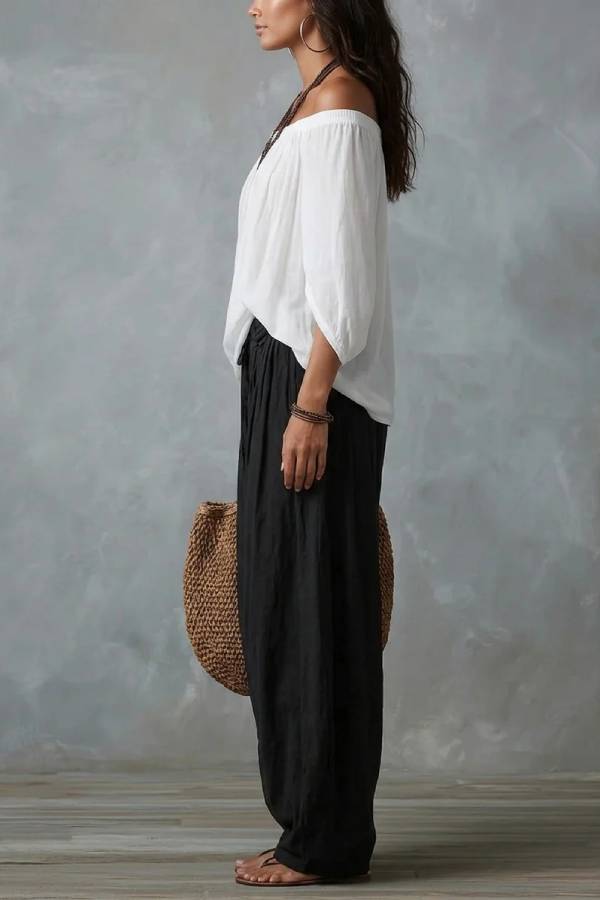 White Off-the-shoulder Top And Loose-fitting Lantern Pants Set