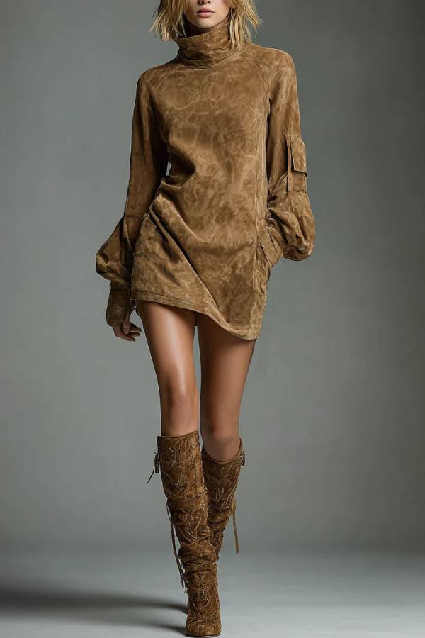 Vintage Loose Suede Turtleneck Mini Dress