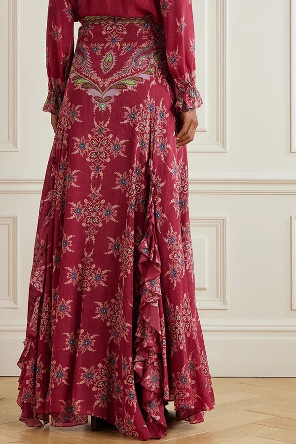 Unique Printed Chiffon Long-sleeved Loose Shirt and Elegant Ruffled Maxi Skirt Set