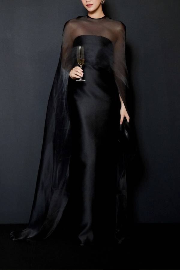 Elegant Sheer Cape Overlay Satin Maxi Dress