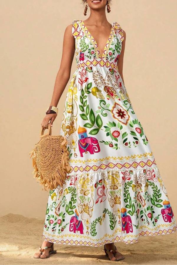Bohemian Deep V Tie Print Long Swing Dress