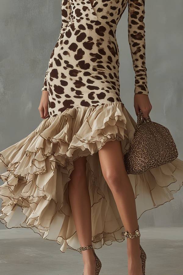Vintage Y2K Deep V Long Sleeve Bodycon Dress Ruffle High Low Hem Party Gown
