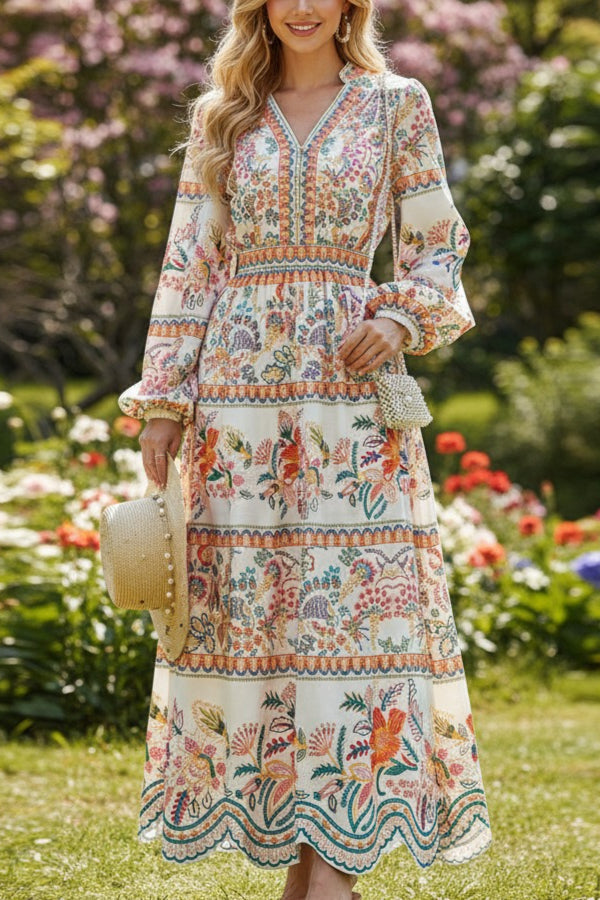 Retro print lantern sleeve fitted waist slit long dress