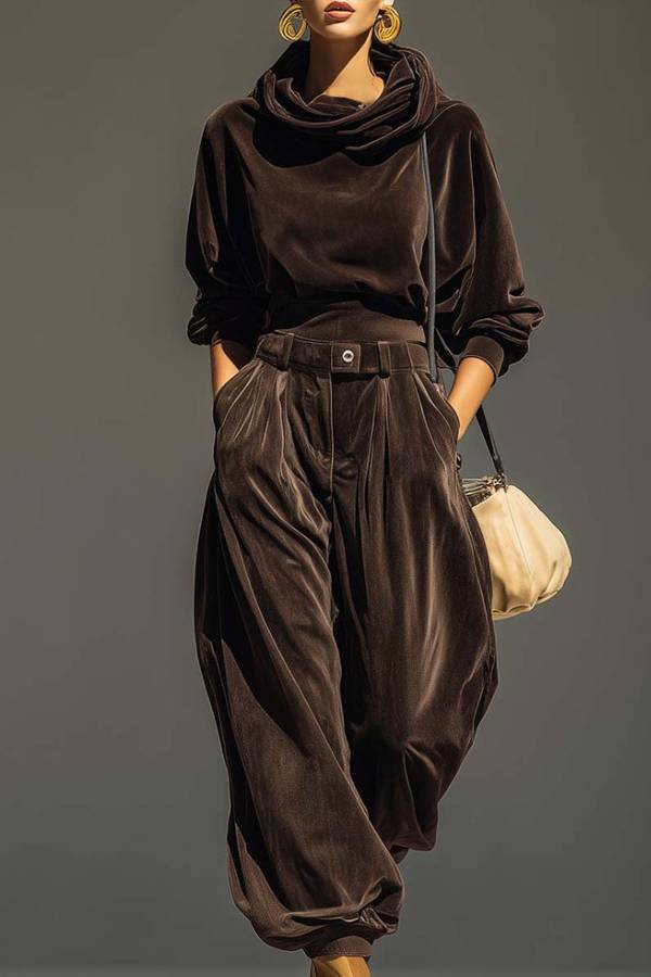 Vintage brown velvet hoodie and loose-fitting trousers set