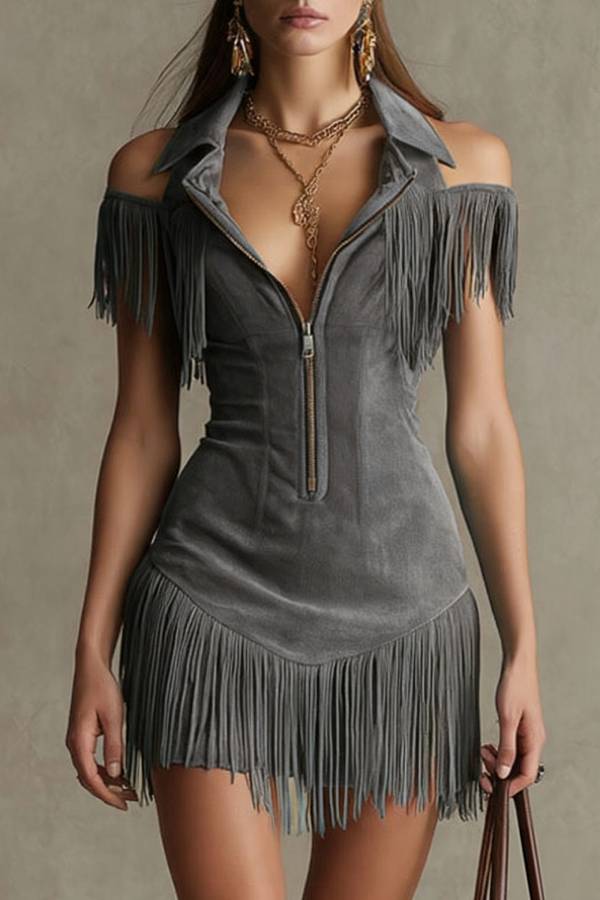 Western-Style Lapel Zipper Tassel Slim-Fit Mini Dress