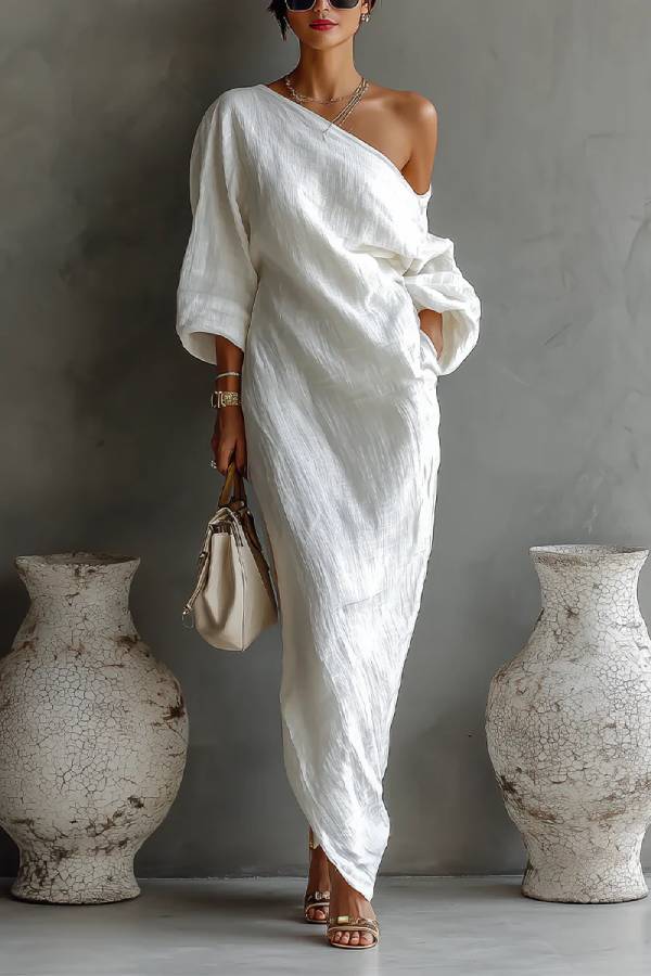 White One-shoulder Flowing Elegant Maxi Dress