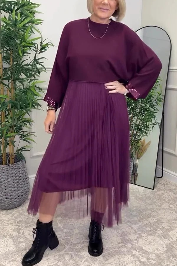 Fenna Ribbed Sequin Trim Batwing Sleeve Sweater and Pleated Tulle Stretch Tank Midi Dress Two-piece Set