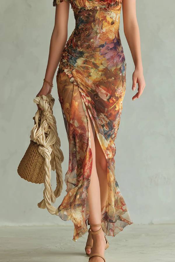 Orange Bohemian Holiday Oil Painting Print Chiffon Maxi Dress