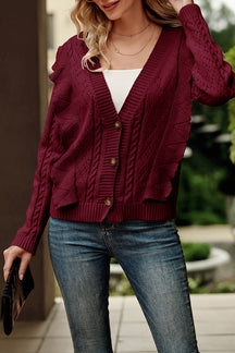 Ruffle Cropped Button Down Knitted Cardigan