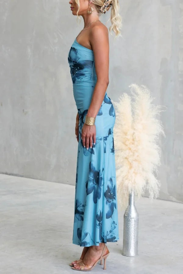 Floral Print Elegant Mesh Off-shoulder Fitted Maxi Dress