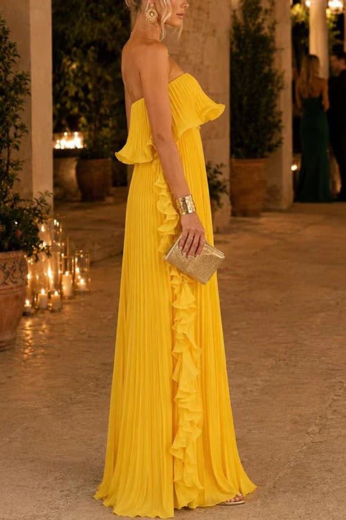 Strapless Tube Ruffle Pleated Swing Maxi Dress