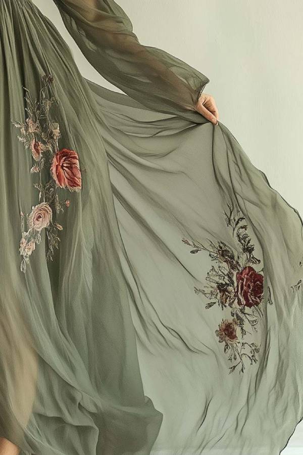 Floral Embroidered Tulle Waist-Defining Long Dress
