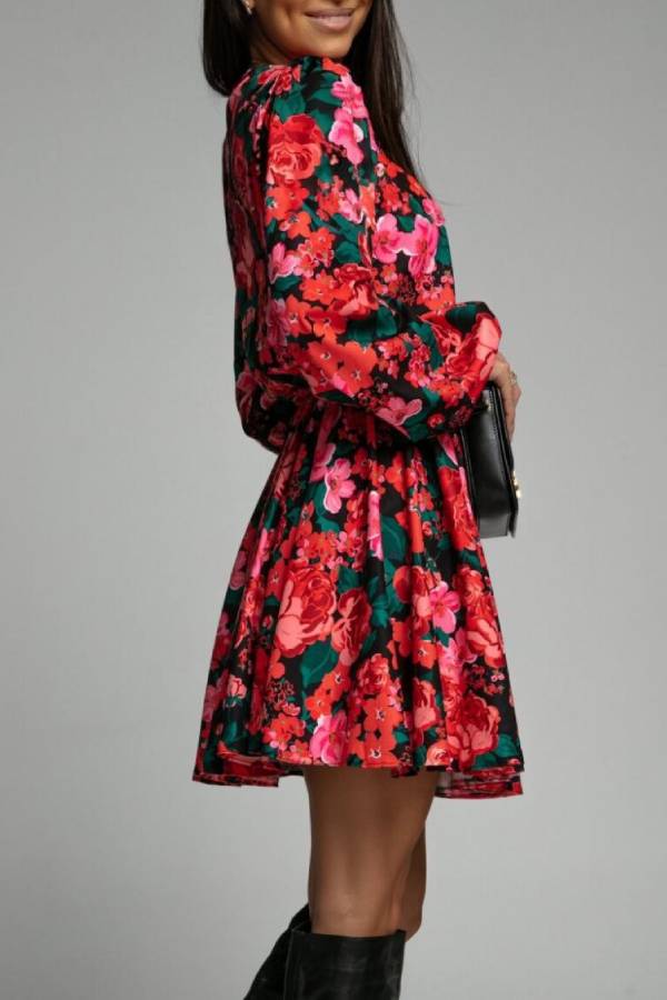 Tie-waist printed dress with lantern sleeves