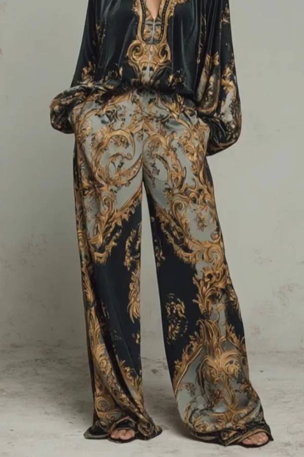 Baroque Ornate Floral Print Top And Wide-leg Trousers Casual Suit