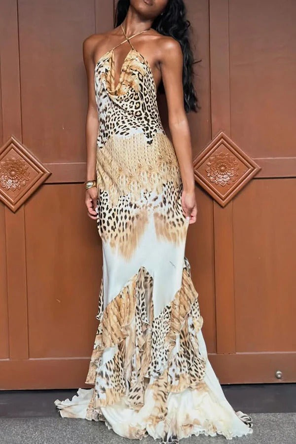 Coral Satin Leopard Print Halter Cowl Neck Exaggerated Ruffles Hem Maxi Dress