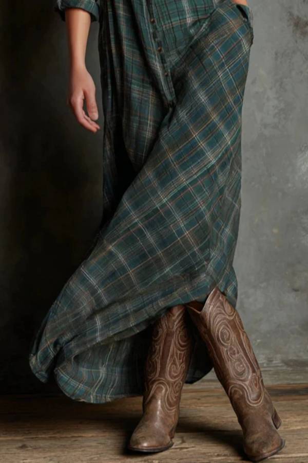 Green Plaid Lapel Single-Breasted Shirt Long Dress