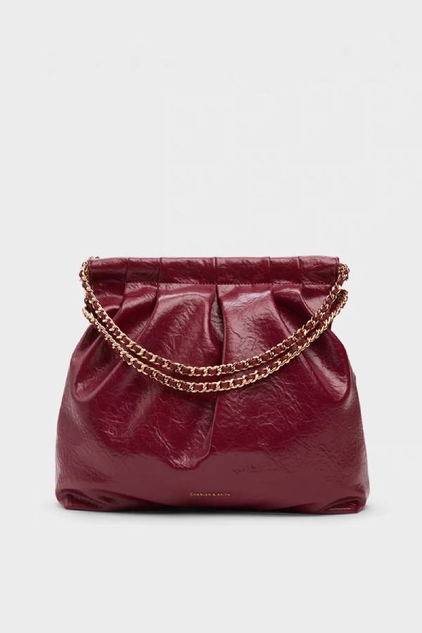 Burgundy pleated chain handbag