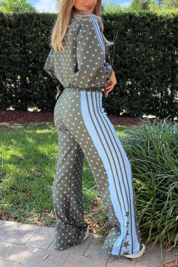 Lucienne Polka Dot Striped Star Print High Rise Elastic Waist Wide Leg Pants