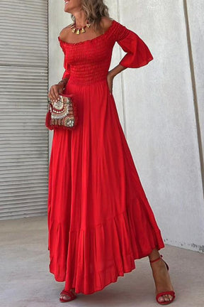 Off-the-shoulder five-quarter-sleeve bell-sleeve pleated maxi dress