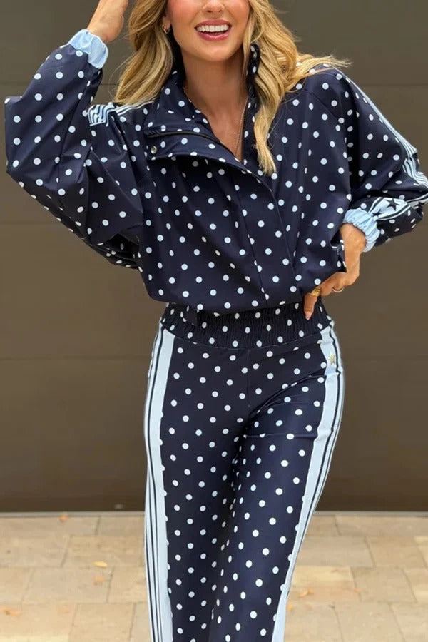 Lucienne Polka Dot Striped Star Print Zipper High Neck Pocket Sporty Jacket