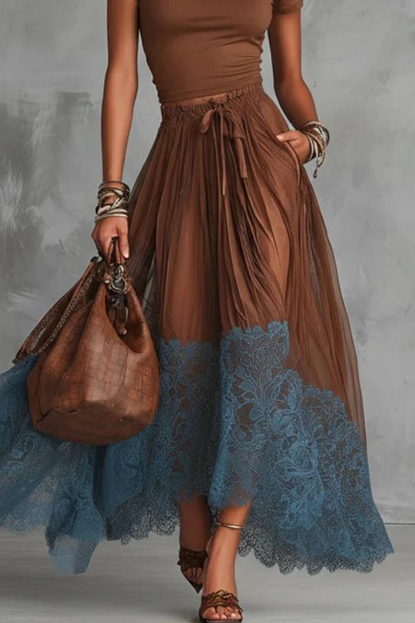 Cropped Fitted T-Shirt & Color-Block Lace-Trimmed Mesh Maxi Skirt Set