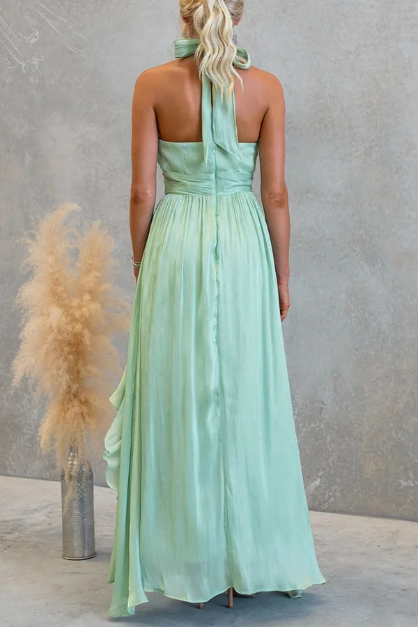 Coral Textured Metallic Chiffon Material High Tie Neck Ruffles Maxi Dress