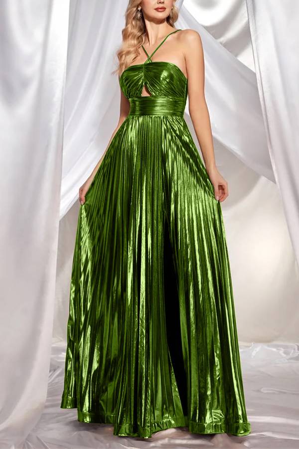 Metallic Cross-Strap Hollow-Out Pleated Slit Dress