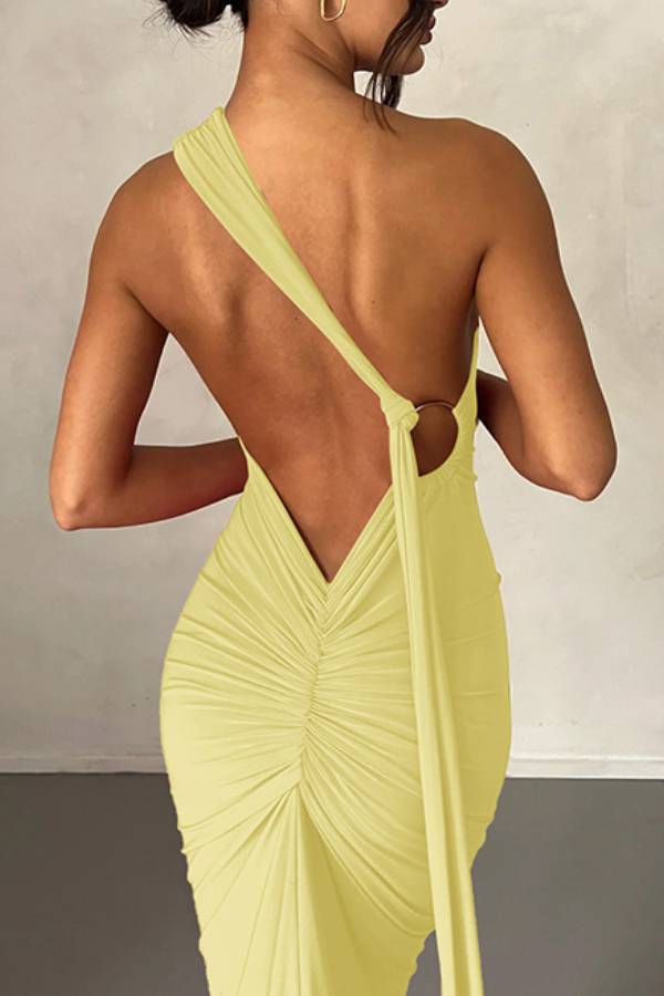 One-shoulder backless long dress with train