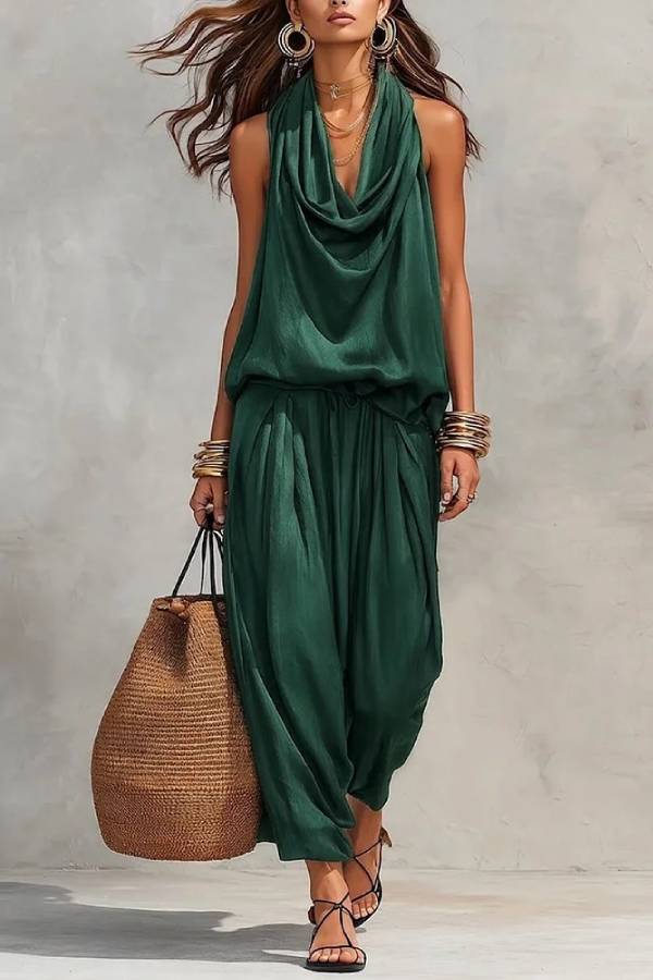 Cowl Neck Halter Sleeveless Draped Wide-Leg Two-piece Pants Set