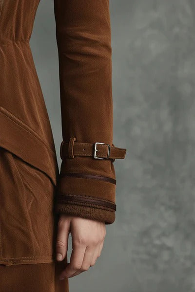 Stylish Suede Lapel Button Casual Pocket Long Trench Coat