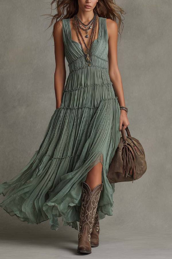 Sage Green Pleated Chiffon V-neck Flowing Maxi Dress
