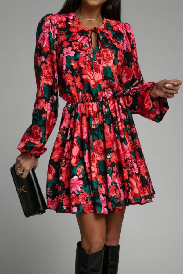 Tie-waist printed dress with lantern sleeves
