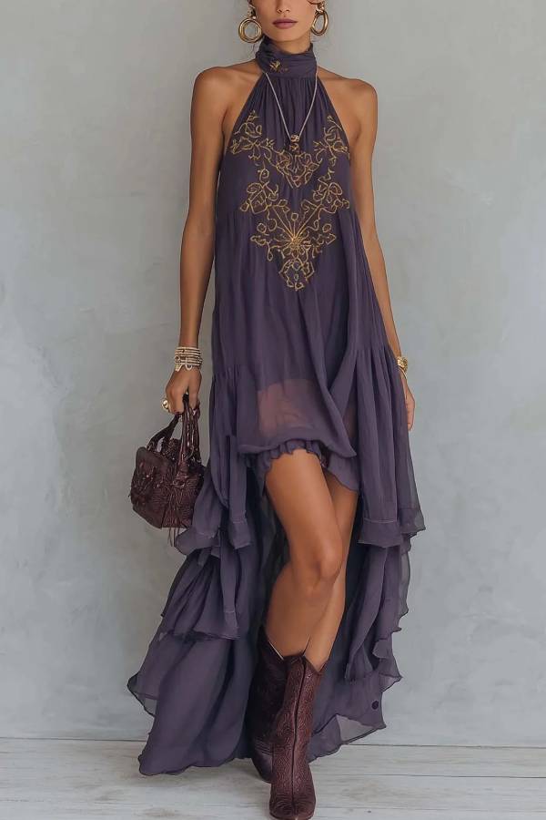 Boho Deep Purple Halter Embroidered Asymmetrical Dress