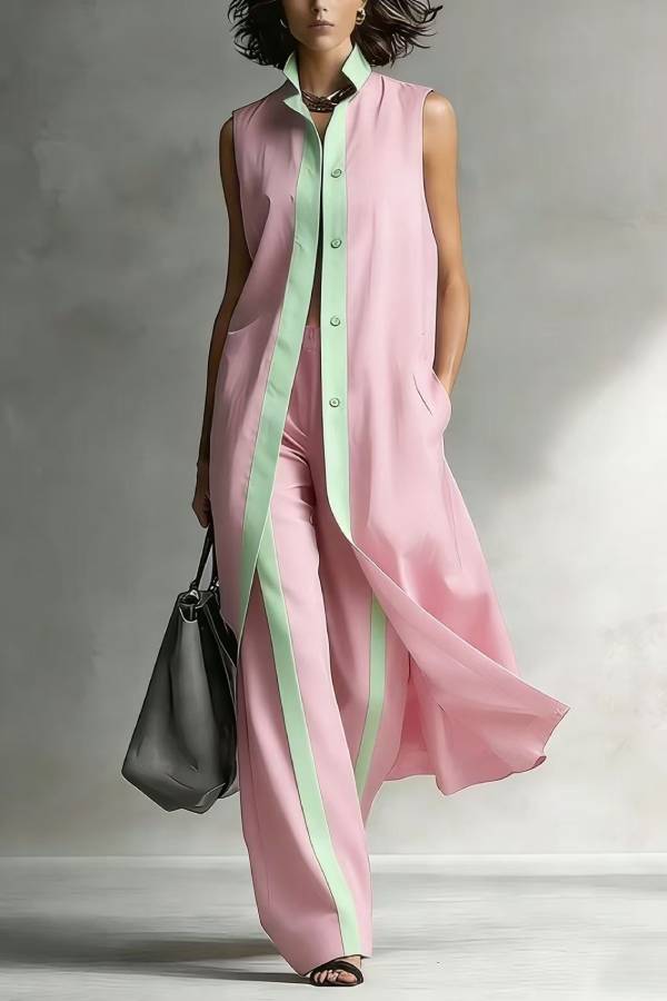 Color Block Trim Sleeveless Long Vest & Wide Leg Pants Two Piece Set