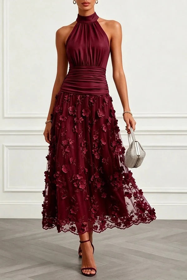Purplish Blue 3D Floral Appliqué Lace Halter Neck Sleeveless A-Line Maxi Dress