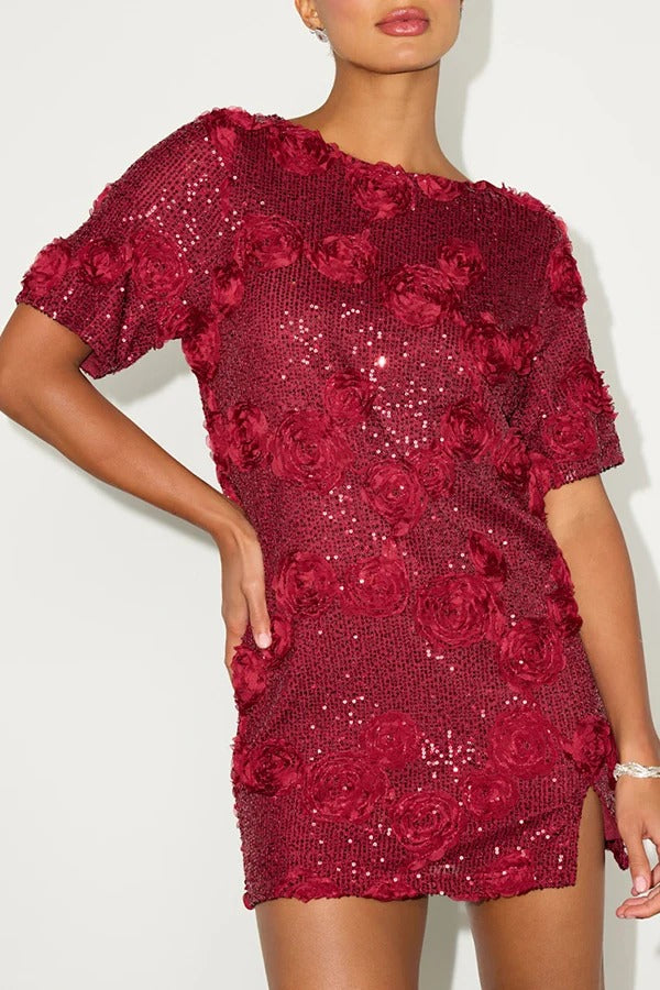 Feeling Exquisite Sequin-embellished Rose Texture Short Sleeve H-line Mini Dress