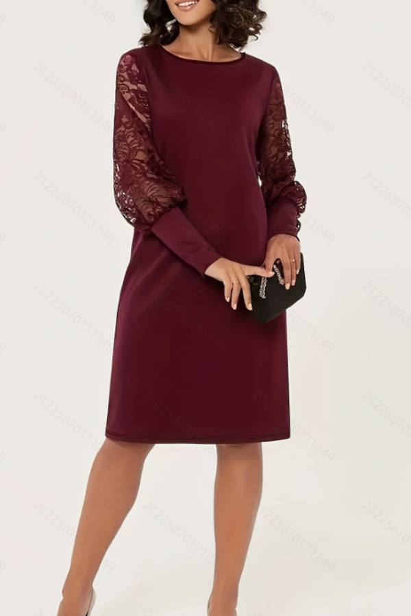 Round neck lace lantern sleeve midi dress