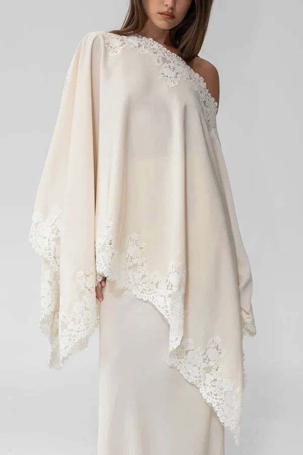 Like A Swan Satin Lace Trim Off Shoulder Wide Sleeve Cape Top