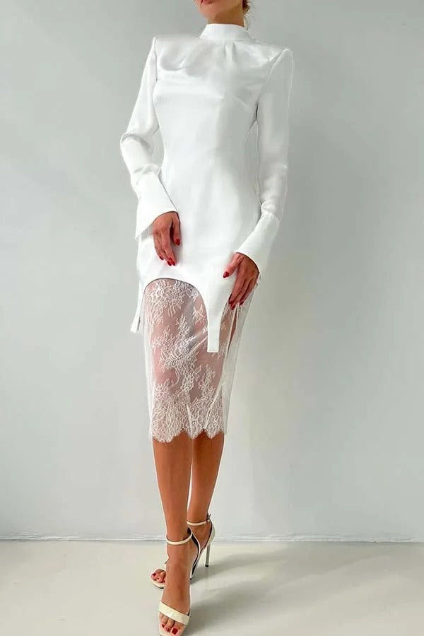 Melissa Satin High Neck Long Sleeve Curved Hem Top and Lace Midi Skirt Set