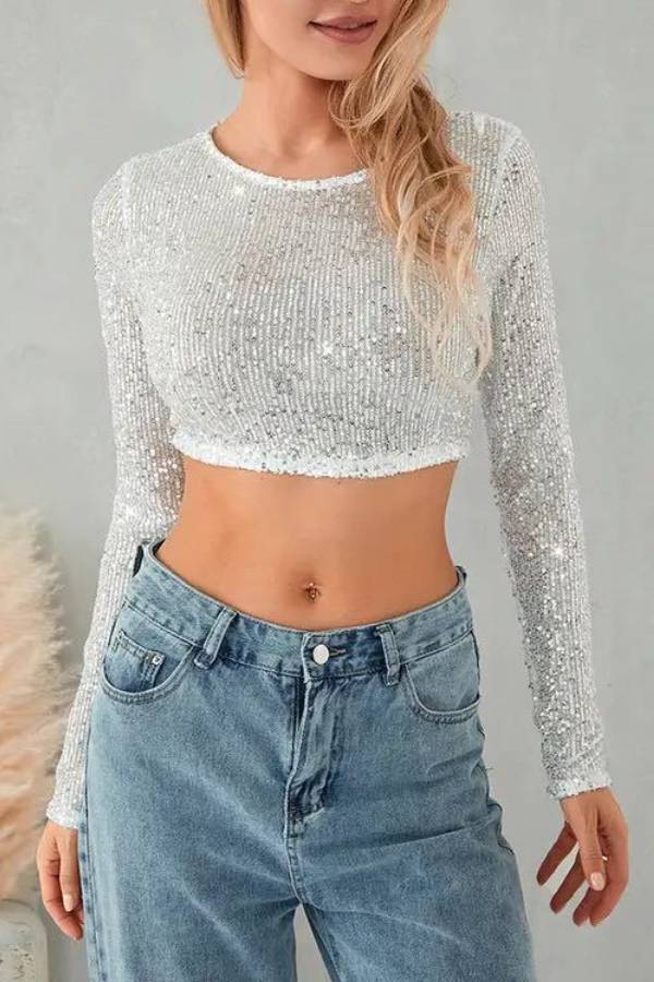 Sequined Crew Neck Long Sleeve Cropped Top