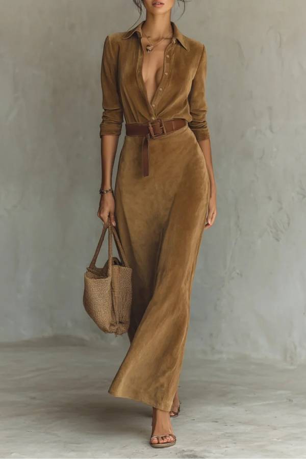 Suede Single-breasted Lapel Maxi Dress