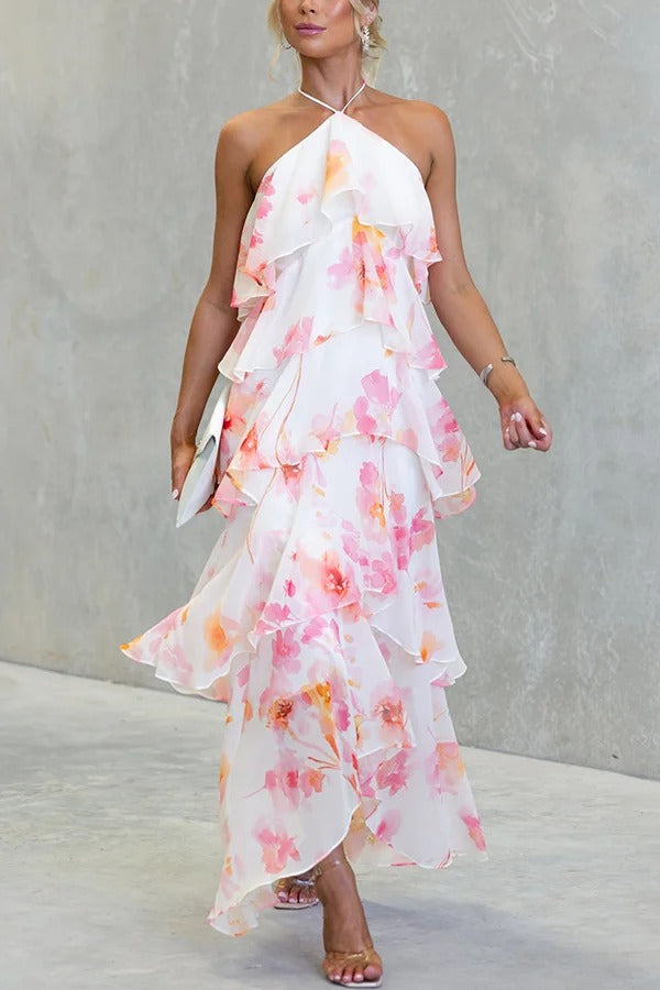 Poetic Eden Chiffon Floral Print Tiered Ruffles Halter A-line Maxi Dress