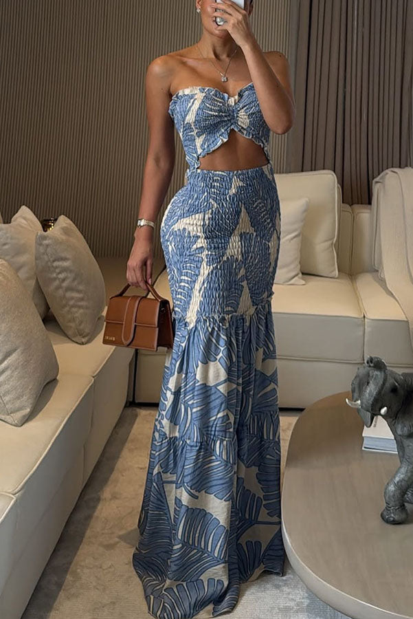 Vivica Floral Smocked Cutout Halter Fishtail Stretch Maxi Dress