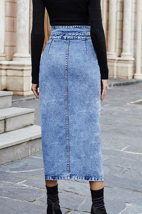 Solid Color High Waist Front Slit Side Pocket Denim Skirt
