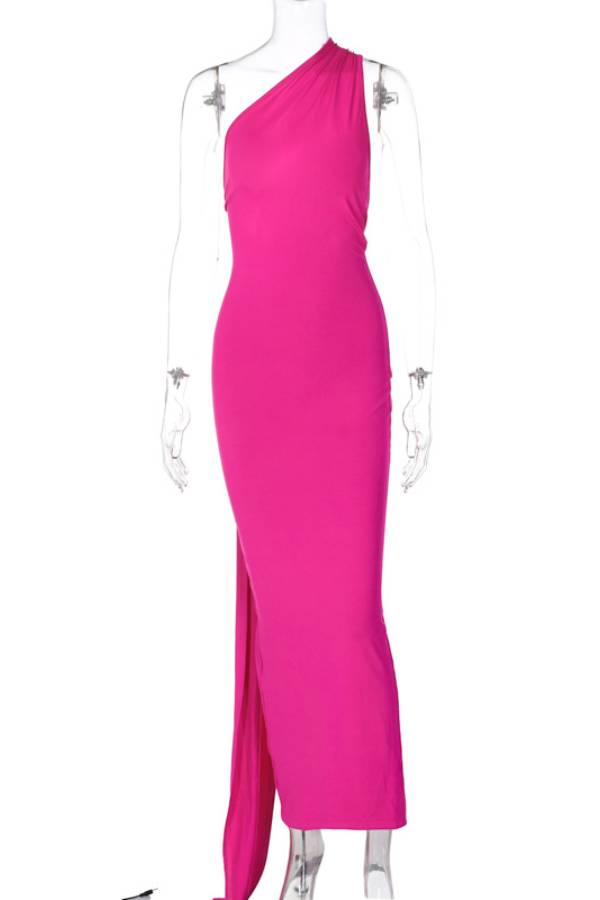 One-shoulder backless long dress with train