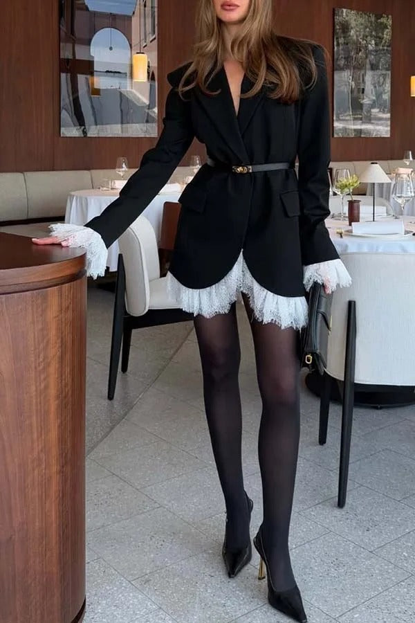 Cue The Chic Lace Trim Button Long Sleeve Lapel Blazer Mini Dress