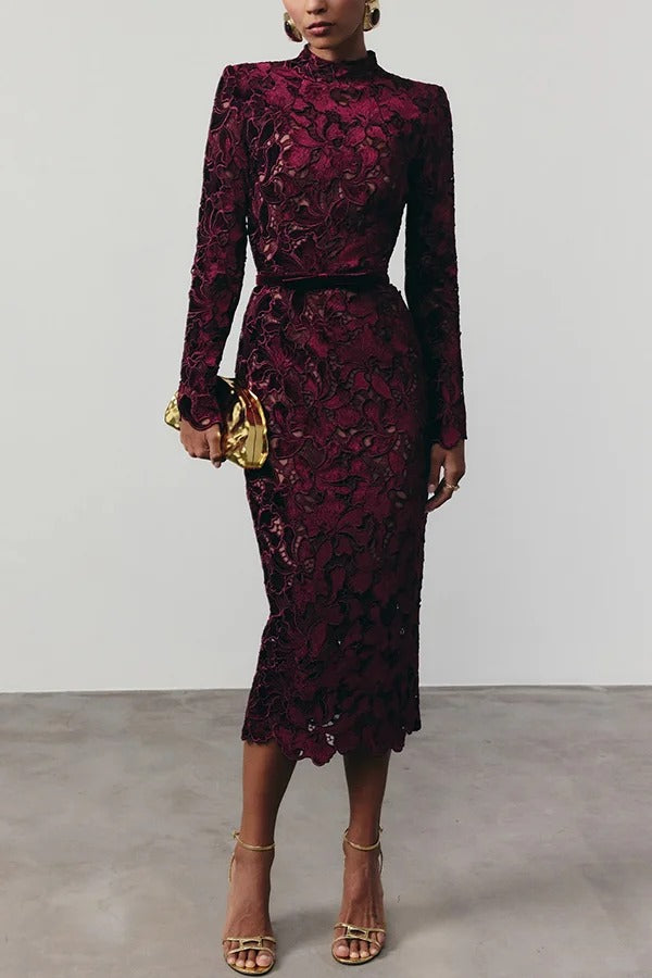 Diane Velvet Embroidered Floral Lace Long Sleeve Belt Scallop Edge Midi Dress